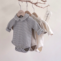 ins spring and autumn Korea newborn baby cotton base climbing clothes one-piece Mens and Womens baby lapel triangle romper