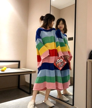 Japanese Gelato Rainbow Striped Long Sleeping Dress Lady Winter Soft and Sleeping Dress Home Dress can be worn outside