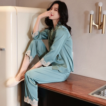 Japanese silk pajamas female spring and autumn long sleeve Ice Silk two-piece wear thin high-end simple home wear suit