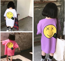 Korean childrens clothing girls long T-shirt 2021 summer new products European and American style smiley face loose short sleeve sweater skirt tide