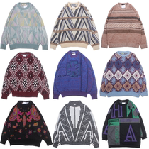 Antique vintage foreign trade original single-headed wool national style contrast color pop pattern autumn and winter sweater men and women C4