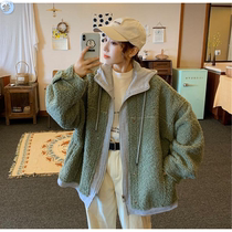 2019 Korean version of autumn and winter new loose lamb fleece fake two hooded padded long sleeve coat female student ins