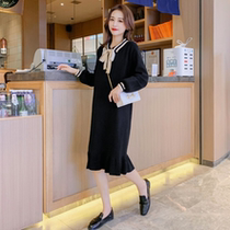 Autumn Winter New Fashion Han Edition Loose big code butterfly knot foreign air fish tail knitted sweater for pregnant woman laces dress