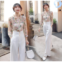 Floral shirt womens retro Hong Kong flavor Korean Chiffon printing long-sleeved foreign style flower shirt Korean version super fairy Chiffon shirt