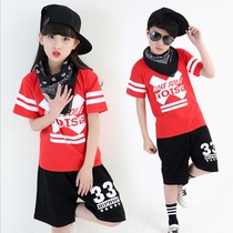 Catwalk childrens dance hip-hop performance suit hiphop hip-hop printed short-sleeved T-shirt Student performance suit training