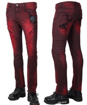 Spot new Korean mens personality red embroidery skull Harley Indian Knight jeans trousers slim