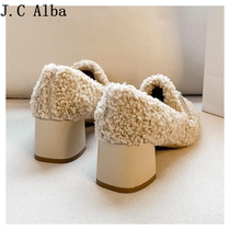 2022 new style square toe thick-heeled single shoes plus velvet warm lamb wool high-heeled shoes for women with mid-heel wool shoes