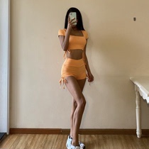 European and American fitness set womens summer thin tight sexy drawstring sports T-shirt shorts Net red tide quick dry two-piece set