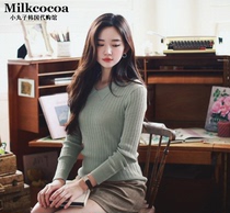 Korean official website milkcocoa August autumn womens candy green doll collar vertical pattern slim-fit knitted top shirt