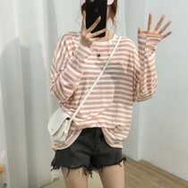 Japan summer loose breathable striped T-shirt Womens round neck pullover thin base shirt Air conditioning shirt sunscreen shirt