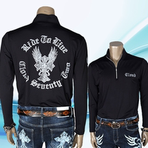 South Korea imported mens autumn and winter personality Harley Indian motorcycle rider long-sleeved T-shirt black and white locomotive