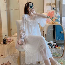 Pajamas female spring summer nightgown Palace style lace short sleeve thin retro Princess Net red White over the knee modal