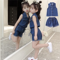 Thin girl denim suit summer dress foreign style Korean fashion childrens clothing fashionable denim shorts two-piece tide dress