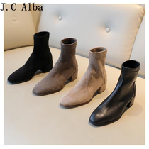 Martin thin boots ins low-heeled womens 2021 winter new single boots thick heel socks boots square toe short boots shoes all-match