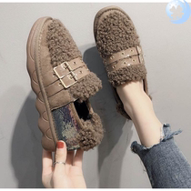 Add velvet Doudou shoes womens autumn and winter 2019 new versatile flat student sequins wool shallow mouth single shoes lazy cotton