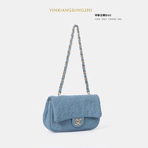 Autumn new advanced chain denim embroidery handbag popular 100 lap single shoulder inclined satchel with small fragrant wind lock bag