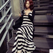 SS19 New Fat MM Plus Size Black and White Striped Suspender Dress + Mordell Long Sleeve Thin Jacket