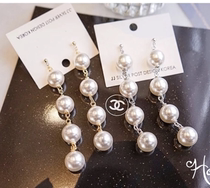 New earrings Korean Plaid cut-out pearl earrings long personality versatile versatile asymmetric ball temperament earrings