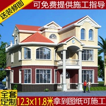 With garage duplex three-story self-built house rural villa design full set of two-story and half building structure plan renderings