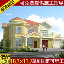 Two-story villa with garage drawing rural self-built house design drawing Building structure design construction plan renderings