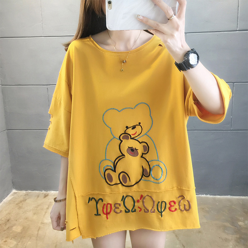 Pregnancy Woman Fashion Summer Fashion New Korean version Short sleeves T-shirt Women Loose Small Bear Embroidery Out of Fashion Pregnancy Covered belly