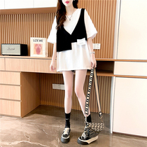 Summer dress big code 200 catty sister fake two short sleeve t-shirt female gestational woman with small sub medium long loose blouse