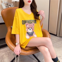 Summer dress pregnant womens new large size fat mm short sleeve t-shirt womens coat loose V collar bear big version of small man