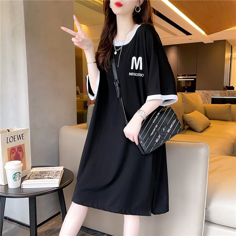2022 summer dress large size 200 Fat younger sister mm short sleeve T-shirt woman clothes loose gestation woman dress up for a covered ass
