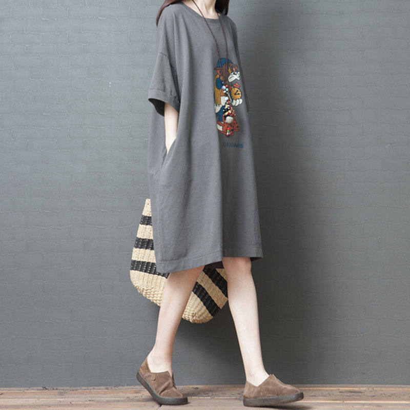 2022 summer dress large size 200 jin short-sleeved t-shirt women's top loose long version dress maternity dress temperament to cover the butt