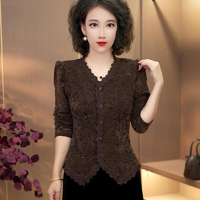 Autumn and Winter New Fashion Hollow Lace V-Neck Long-Sleeve Shirt for Women, Stylish and Age-Reducing, Slimming Cardigan Top for Moms Autumn and Winter New Fashion Hollow Lace V-Neck Long-Sleeve Shirt for Women, Stylish and Age-Reducing, Slimming Cardigan Top for Moms