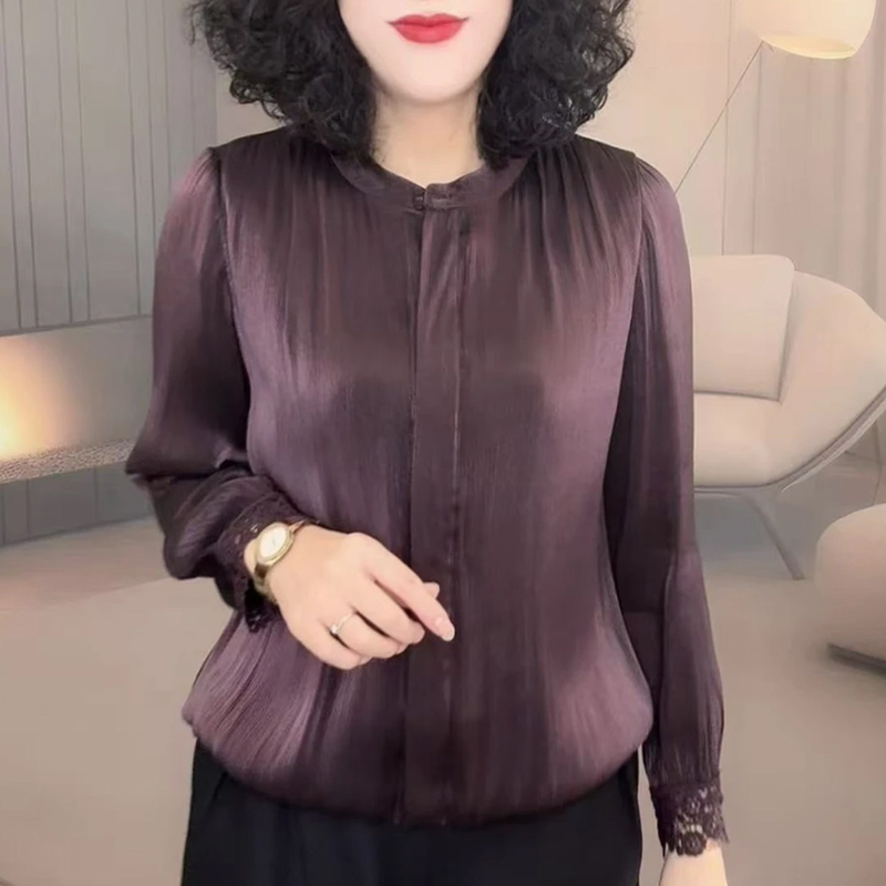 Fashionable Lace-Trimmed Drapey Satin Long-Sleeve Shirt for Women, New Spring Style, Stylish Mom Wear, Age-Reducing Elegant Blouse