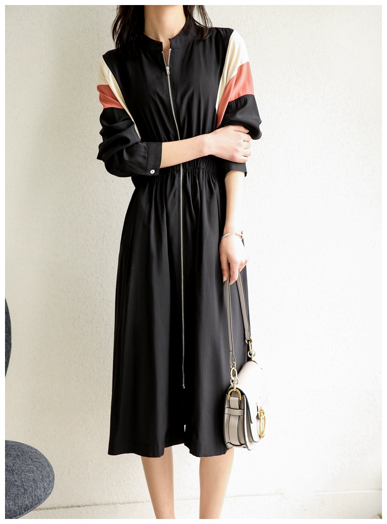 Đơn đặt hàng Châu Âu và Mỹ của phụ nữ phù hợp với màu sắc hình học eo thun 16 Mum crepe de chine silk dài tay với phần trước hở trên đầu gối - Sản phẩm HOT
