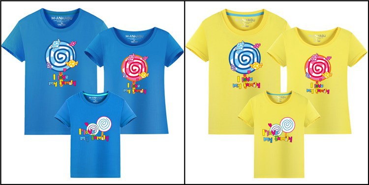 Mùa hè ngắn tay cha mẹ-con mặc áo thun cotton họa tiết kẹo mút cho trẻ em đi du lịch mặc gia đình đầy đủ 3 quần áo bé trai