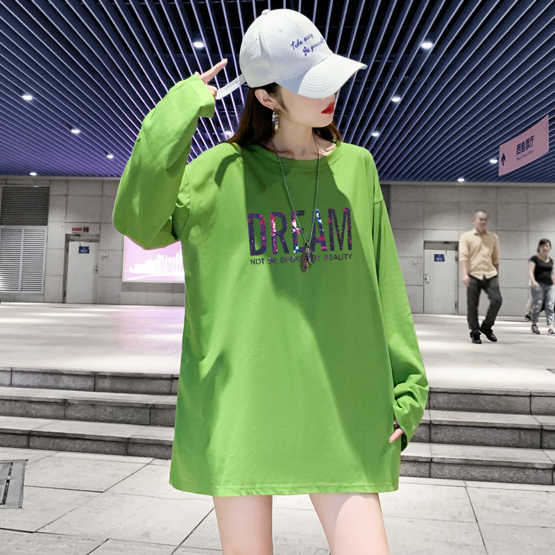 Spring Autumn New White T-Shirt Woman Long Sleeve Loose Medium Long Version 100 Hitch Pure Cotton Inner Lap Clothes Sports Blouse Super Fire Ins