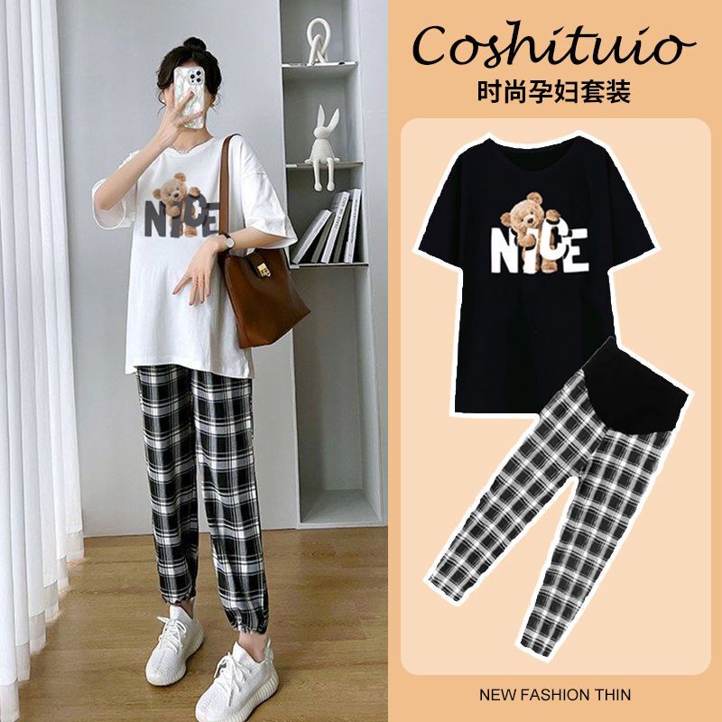 Maternity Summer Clothing New Fashion Short-Sleeved T-Shirt Summer Loose Large Size Maternity Top Casual Wide-Leg Pants Two-Piece Set