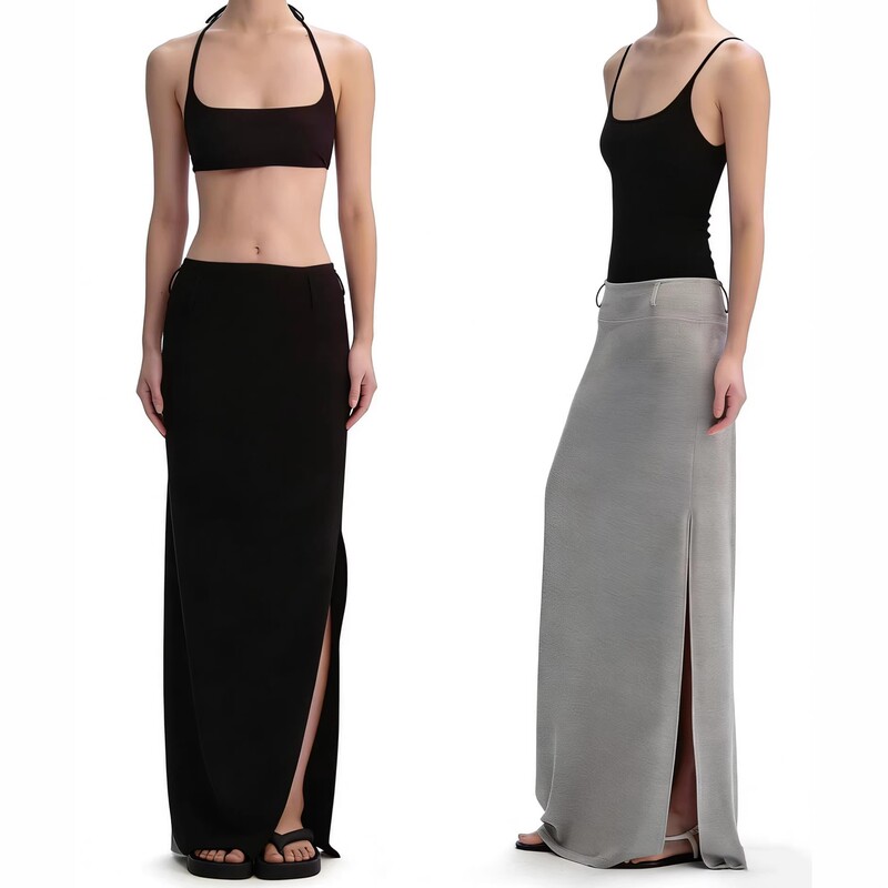 2026 Summer New Slimming Versatile Casual Elastic Side Slit Midi Skirt Straight Skirt Black/Gray