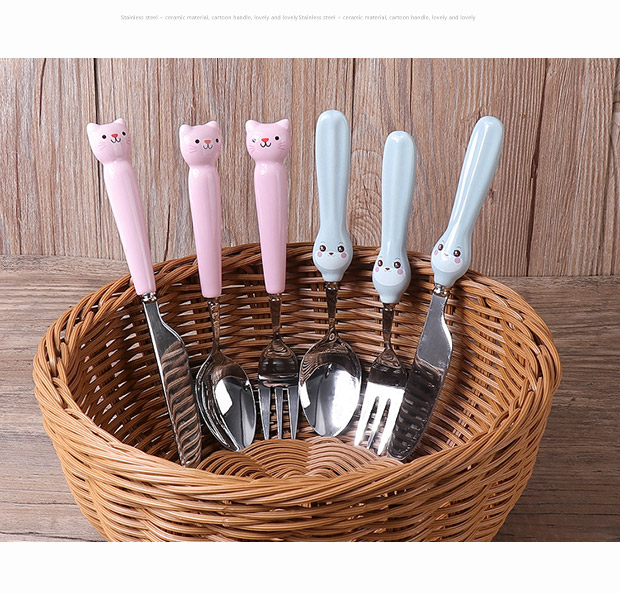 Yousiju Creative Thép không gỉ Xử lý gốm thìa muỗng Động vật dễ thương Nĩa gia dụng Trẻ em Bộ đồ ăn Muỗng - Đồ ăn tối bộ chén dĩa cao cấp