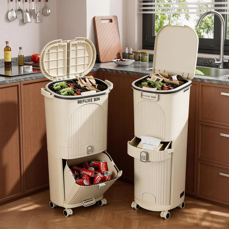 Japanese Kitchen Trash Can, Tall Model, Movable, No Need to Bend Over, Dry and Wet Separation, Three-Layer with Lid, Odor-Proof, Sanitary Waste Bin