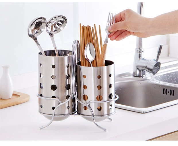 Yousiju Creative đôi thùng thép không gỉ đũa đũa lồng đũa nhà bếp lưu trữ cống thoát nước giá nhà bếp setware rack - Phòng bếp