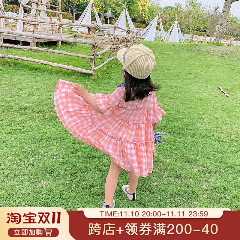 Yangmei's children's clothing 2022 summer new girl's sweet contrast color plaid dress baby literary princess dress
