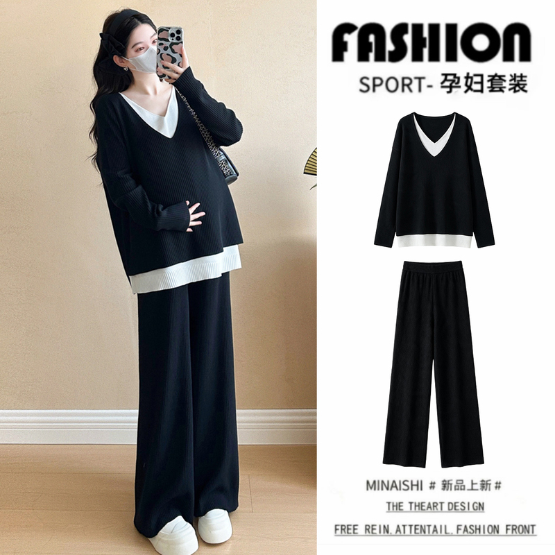 Maternity Outfit for Autumn and Winter, Stylish and Slimming, Knitted Faux Two-Piece Top, Lazy Style Pregnancy Wear, Complete Set Maternity Outfit for Autumn and Winter, Stylish and Slimming, Knitted Faux Two-Piece Top, Lazy Style Pregnancy Wear, Complete Set