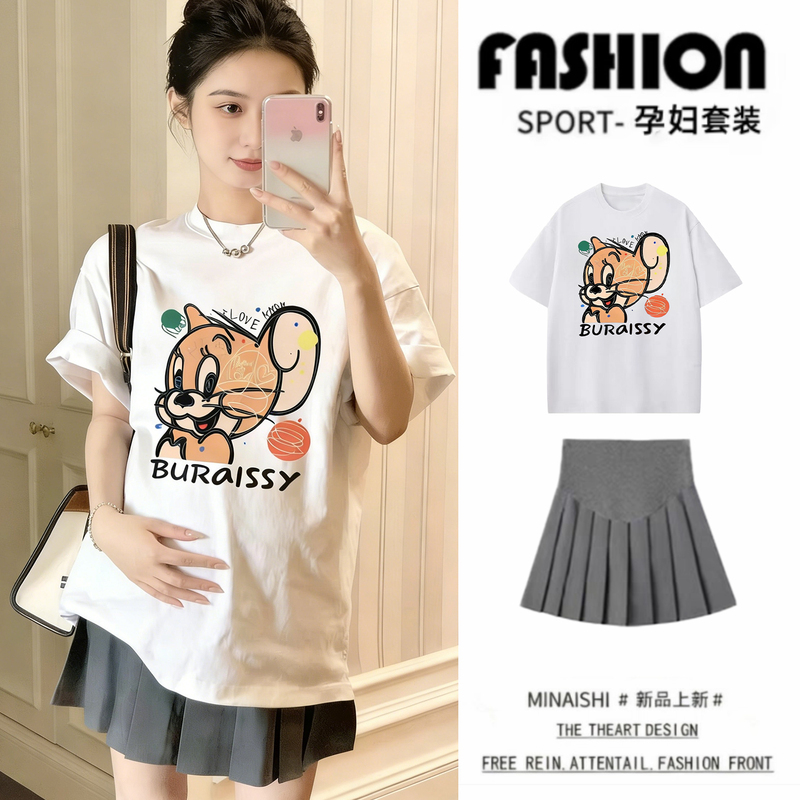 Maternity Tops, Summer Pure Cotton Short-Sleeved T-Shirts + Pleated Short Skirts, Korean Style Maternity Wear, Fashionable and Stylish