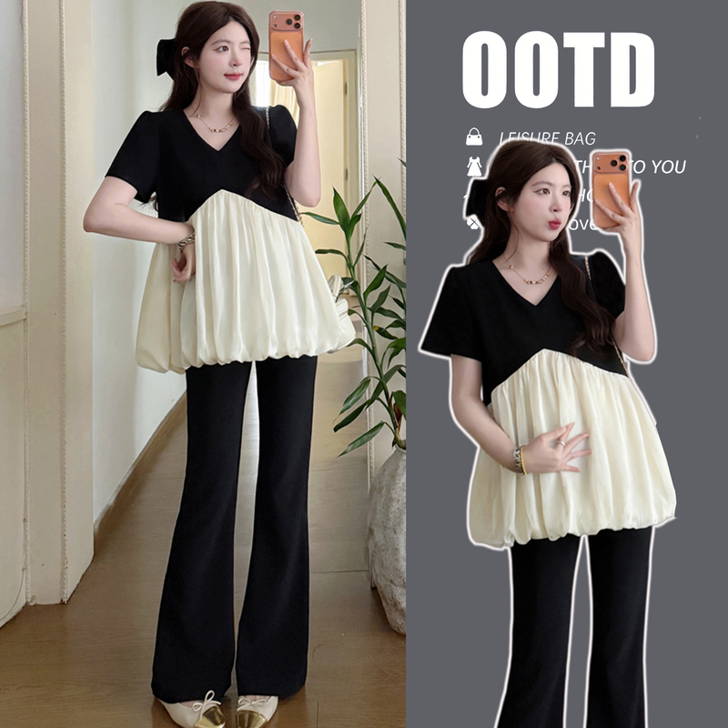 Maternity Tops, Summer V Neck Design, Slimming Babydoll Shirt + Bootcut Pants Set, Stylish and High-End Maternity Wear