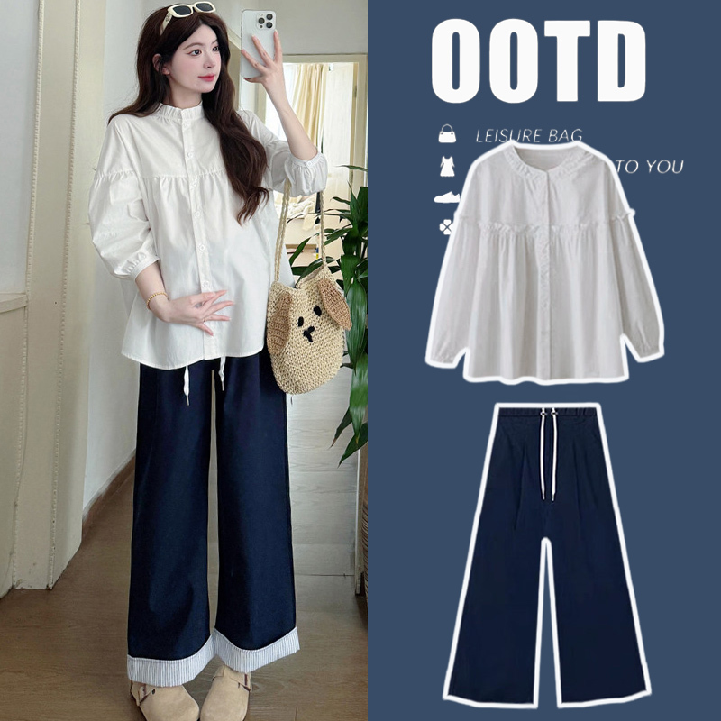 Maternity Shirt Spring and Summer Mid-Length Korean Style Work Clothing Pure Cotton Outing Stand-Up Collar Top Wide-Leg Pants Two-Piece Set