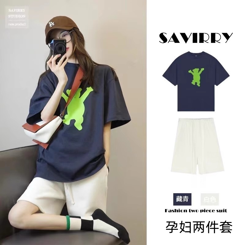 Maternity Wear Summer Short-Sleeved T-Shirt, Loose and Slimming, Belly-Covering Half-Sleeved Top for Late Pregnancy + Shorts Set, Summer Outfit Maternity Wear Summer Short-Sleeved T-Shirt, Loose and Slimming, Belly-Covering Half-Sleeved Top for Late Pregnancy + Shorts Set, Summer Outfit