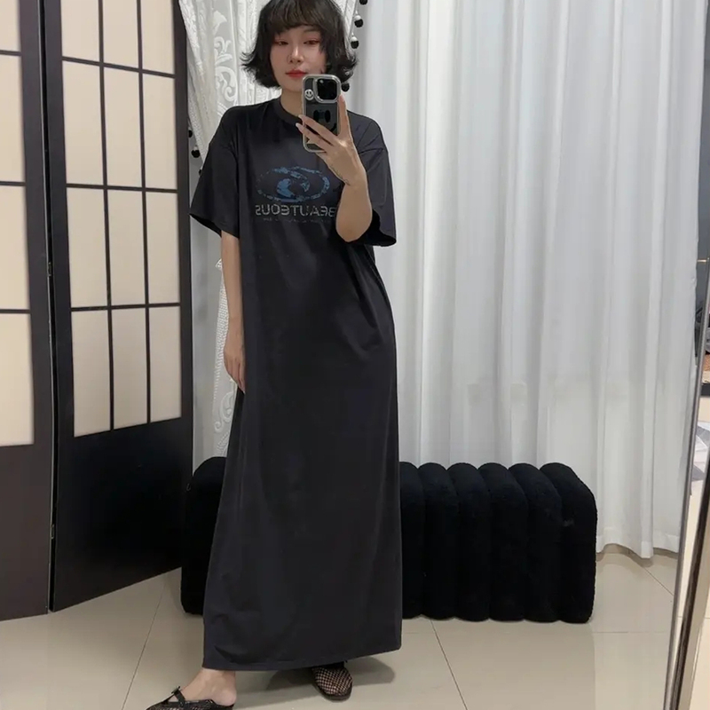 Summer New Style Lazy Style Letter-Printed Dress with Distressed Design, Super Eye-Catching, Cool and Elegant Long Dress, Loose T-Shirt Dress
