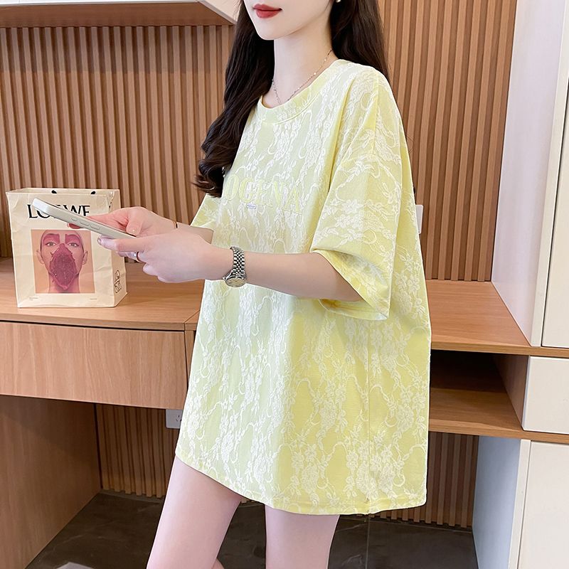 Maternity Belly-Covering Short-Sleeved T-Shirt for Women, Summer Wear, Super Fairy-Like Jacquard Round Neck, Loose, High-End, Fashionable, Age-Reducing, Slimming Top