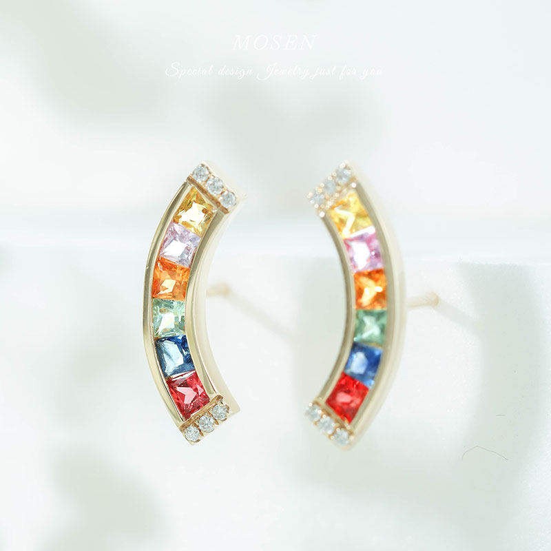 End Mori Mosen Jewelry Rainbow Ear Pin 18K Gold Inlay Colorful Sapphire Woman Light Lavish Niche