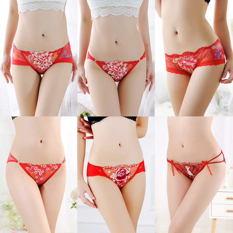 2021 Niu Benming year red underwear female sexy transparent lace temptation large size low waist no trace fat MM briefs