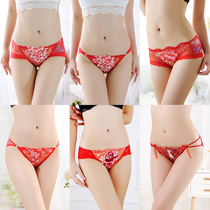 2021 cows life year red underpants female sensation transparent lace tempting big code low waist and no marks fat MM triangle pants